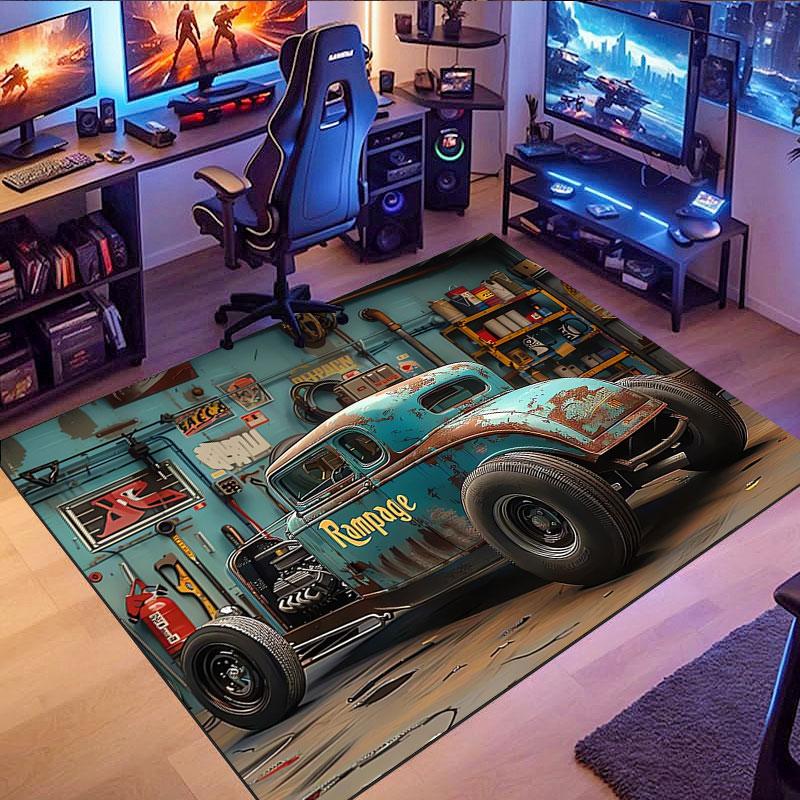 Vintage Car Garage-Themed Rug, suitable for living room, bedroom, game room, computer room and home décor.