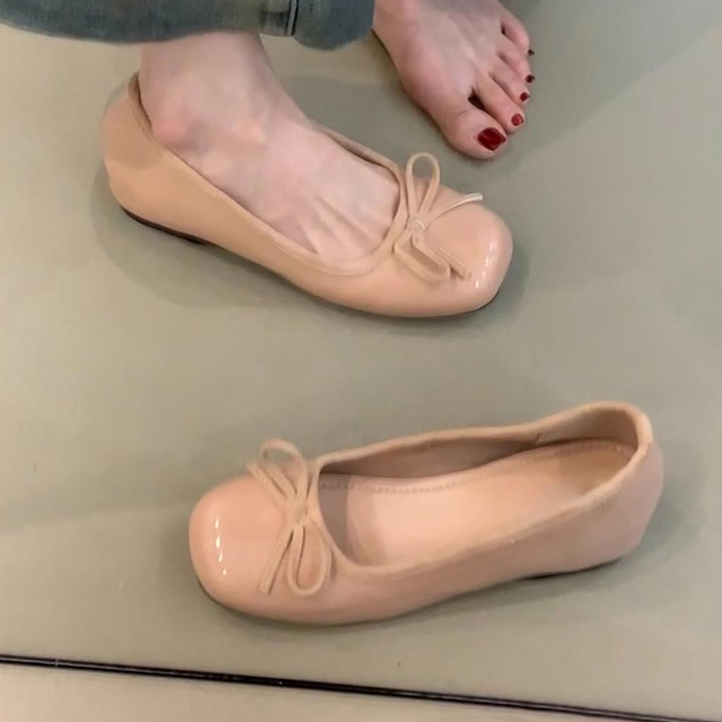 Nude Flat-soled Evening Shoes, Women's Bows, One-pedal Inner Height-increasing Ballet Shoes, Versatile Single Shoes