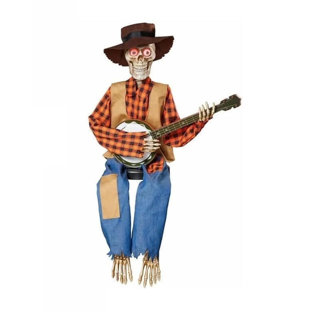 Halloween Animated Banjo Playing Skeleton Glowing Singing Cowboy Skull Guitar Statue with Moving Arms & Head, Spooky Music Gifts