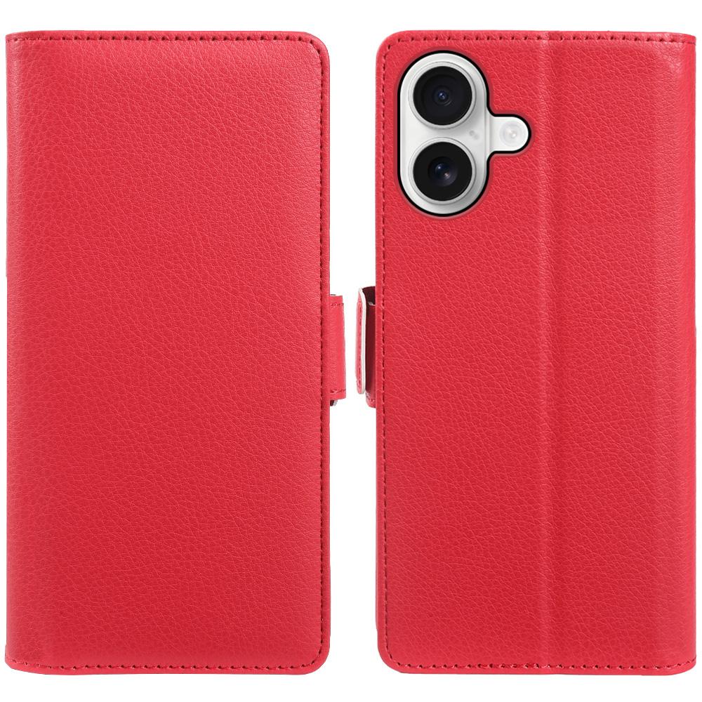For iPhone 16 Wallet Case with Dual Magnetic Clasp Litchi Textured Leather Flip Stand Phone Cover
