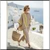 A new summer women's clothing, printed striped color matching medium-sleeved crew neck top, straight casual suit.