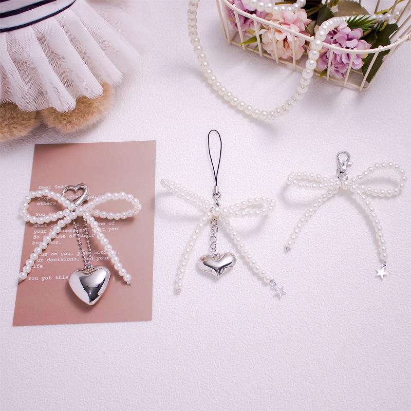 Ins Style Bowknot Pearl Beaded Key Chain Silver Love Phone Chain Headphone Case Pendant Ccd Lanyard Charms Bag Decor