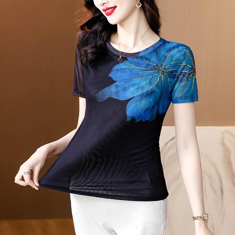 Summer 2025 Women's Fashionable Round Neck Printed Short Sleeve Slimming Mesh Top