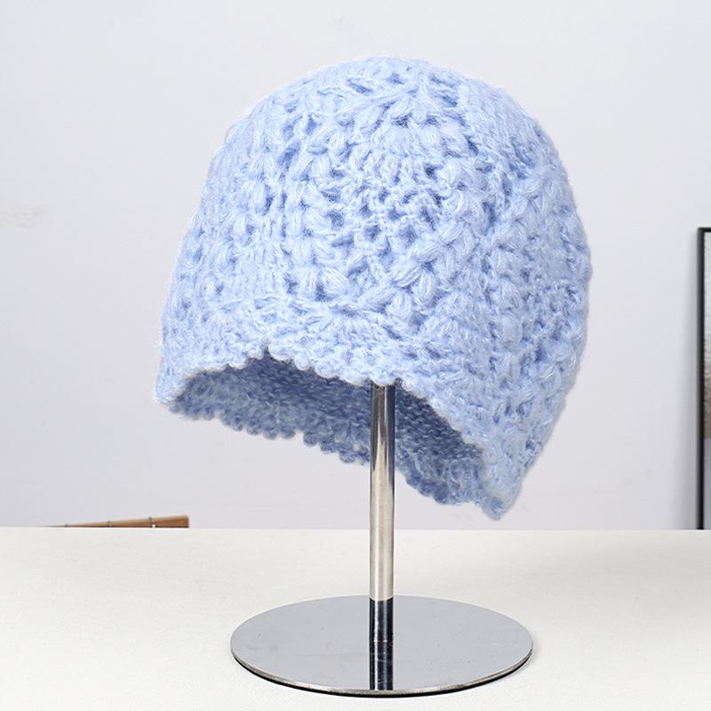 Autumn and winter underwear solid color simple double layer handmade hook flower warm knitted hat outdoor elegant literary wool hat