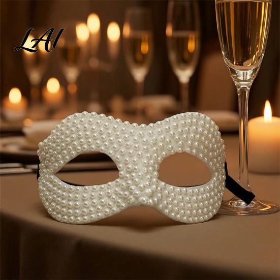 Adjustable Party Masks Halloween Half Face Masquerade Mask Pearl Decor Venetian Black Mask Elegant Costume Accessory for Stage Show Evening