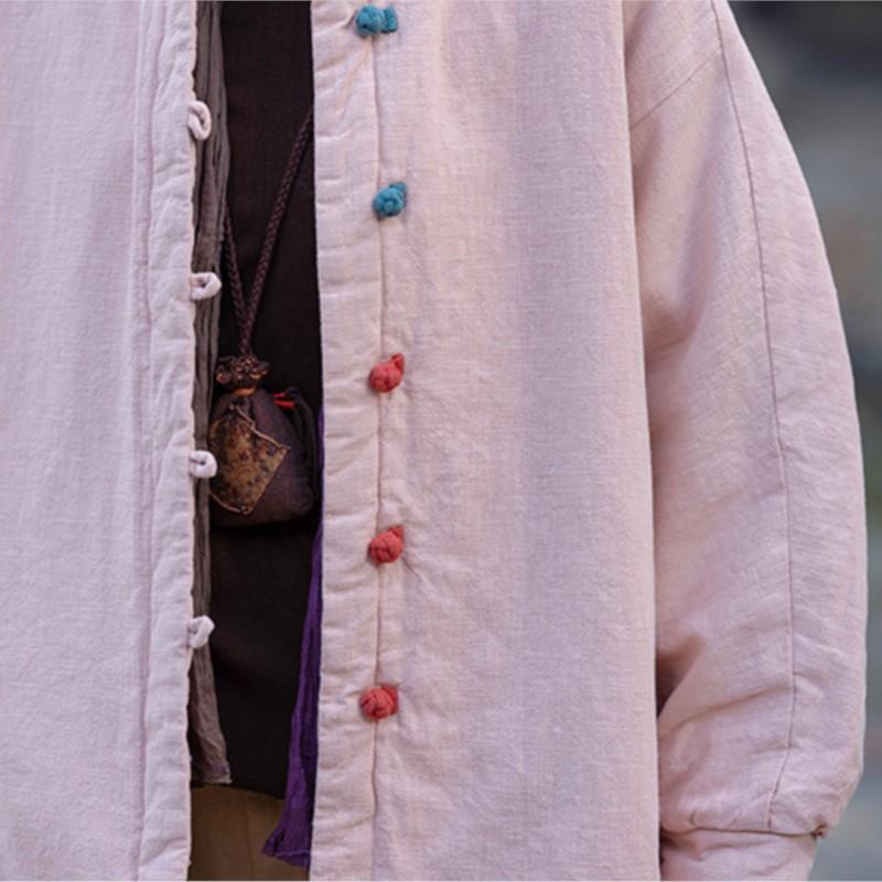 Johnature Women Vintage Solid Color Long Sleeve Winter Coats Button Chinese Style Warm Coats