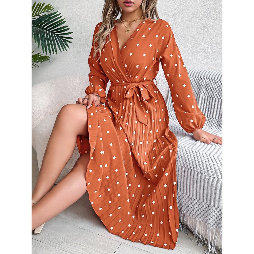 GMXIA Autumn and Winter Elegant Contrasting Polka Dot Cross V-neck Pleated Long Dress Women's Wear