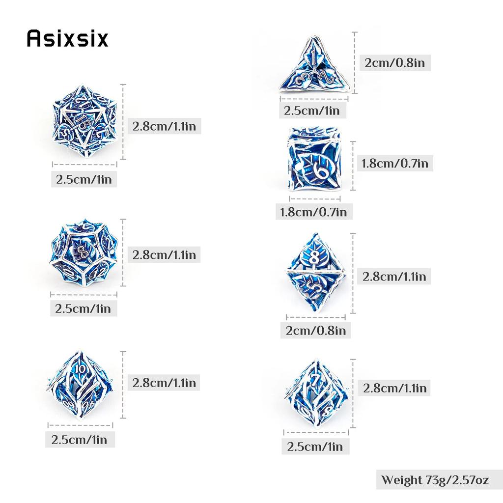 7 Pcs Blue Leaf Flower Metal Dice Hollow Metal Polyhedral Dice Set Suitable for Role-Playing RPG Board Game Card Game