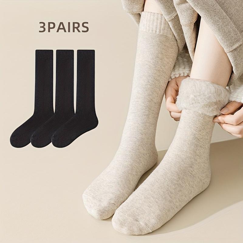 3 Pairs Solid Fleece Lined Calf Socks, Thickened & Warm Long Socks For Fall & Winter, Women's Stockings & Hosiery