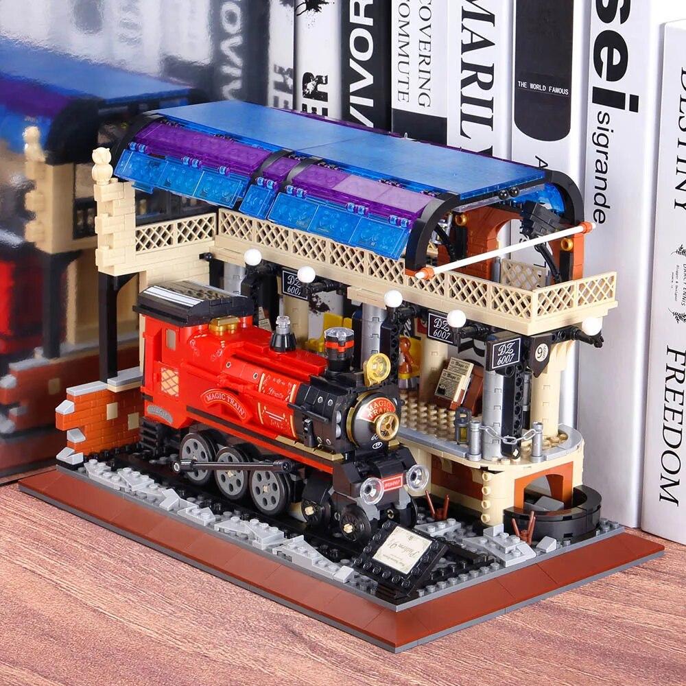 1308PCS Creative Magic Railway Station Building Blocks MOC City Street View Train Educational Toys Gifts For Kids Children