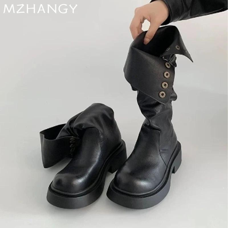 Модная платформа Женские кожаные высокие сапоги Дизайнерские Новые Туфли на среднем каблуке Женские 2024 Тренд Ботинки челси Зимние Новые Женские Мотоциклетные сапоги
