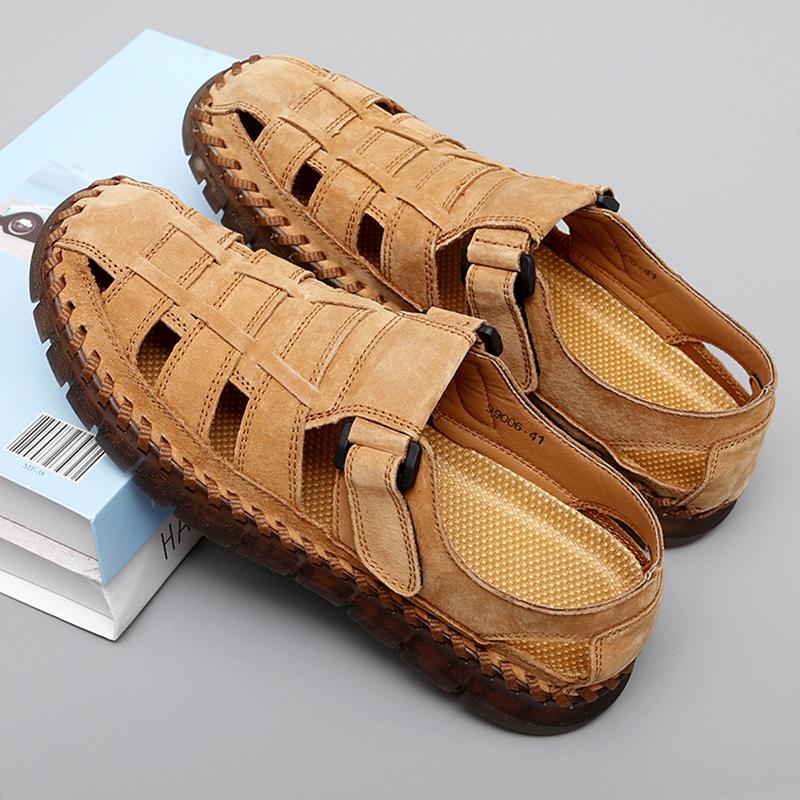 Мужские сандалии из натуральной кожи для отдыха на открытом воздухе, дышащая летняя повседневная обувь для мужчин, без застежек, мужские мокасины, большие размеры 38-47
