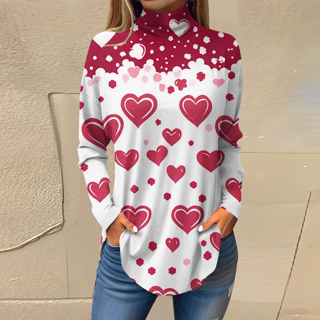 Футболки для женщин, осенние повседневные рубашки с длинным рукавом, толстовка с принтом, топ с высоким воротом, пуловер
