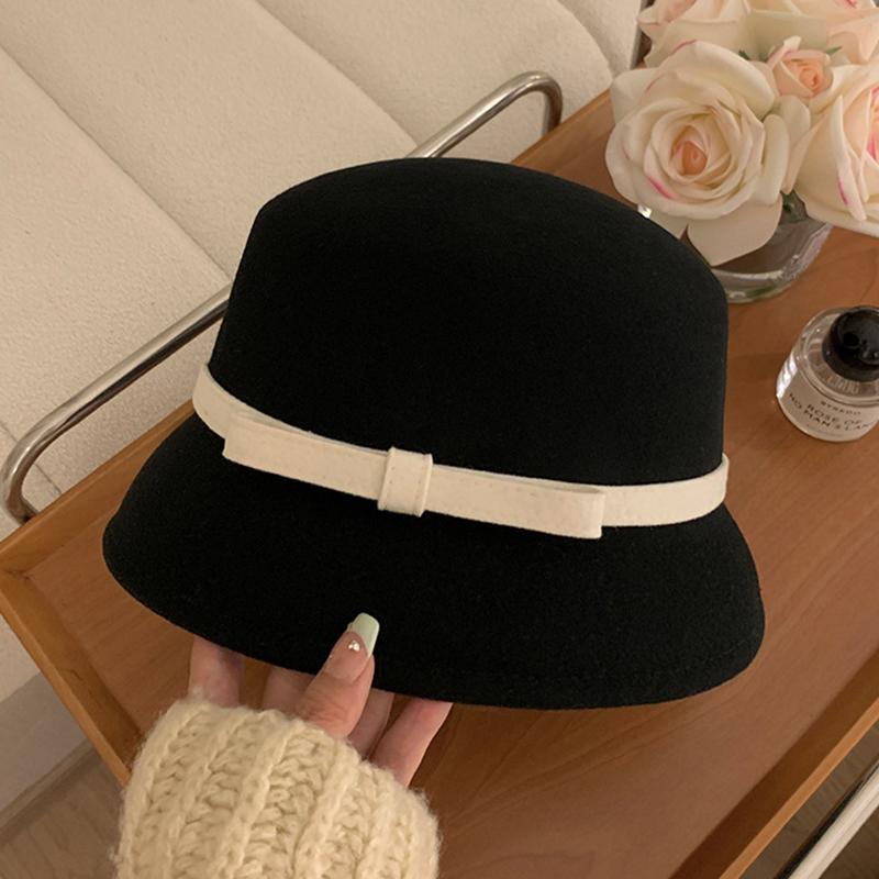 Autumn Winter French Bow Bucket Hat Women Sweet Felt Hat With Folded Shape