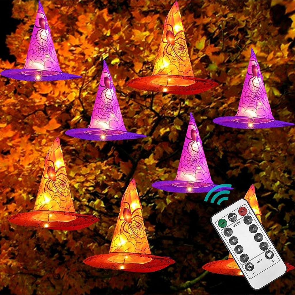 8 Pcs Hanging Witch Hat String Lights, Light Up Waterproof Halloween Decorations with Remote Control for Outdoor Garden Party Carnival Supplies Decor
