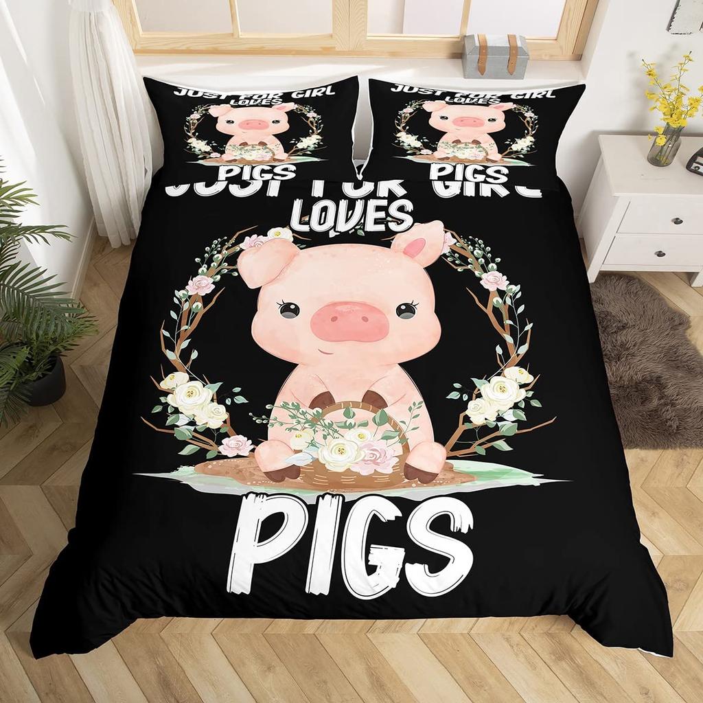Cartoon Kawaii Pig King Queen Duvet Cover Happy Farm Animal Bedding Set Pink Piggy Quilt Cover 2/3pcs Polyester Comforter Cover