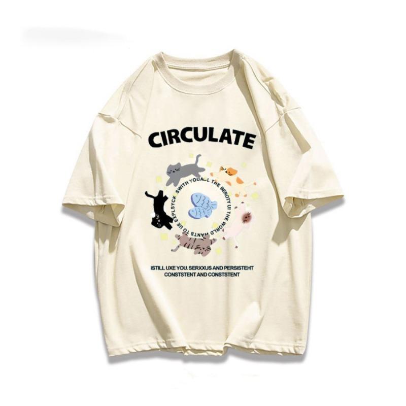 Женский летний новый свободный повседневный топ с короткими рукавами и принтом котят