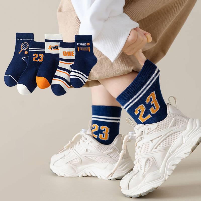 5 пар детских носков для мальчиков, теннисная серия, детские спортивные носки для школьников, весна-осень, мягкие хлопковые носки средней длины для малышей