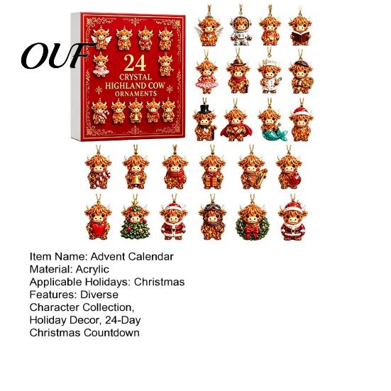 Acrylic Christmas Tree Decorations Highland Cow Advent Calendar, 24 Pcs Hanging Ornaments for Party Favor Supplies Decoration, Festive Countdown