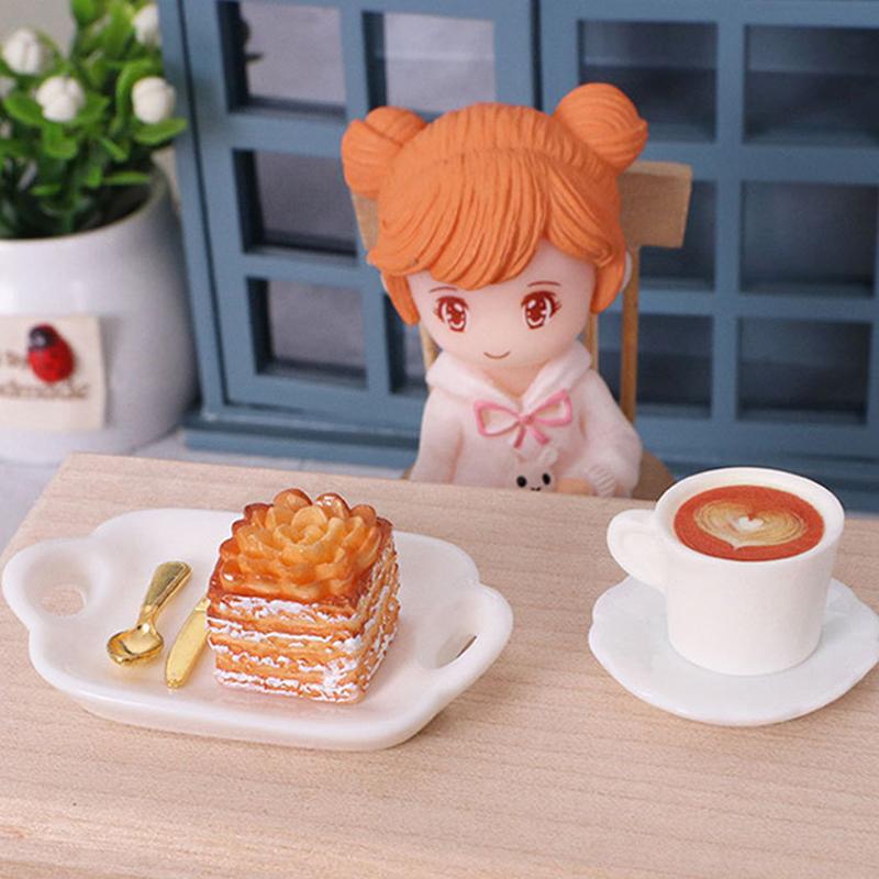 1 Set 1:12 Dollhouse Miniature Coffee Cup Cake Dessert Fork Spoon With Dinner Plate Kitchen Model Micro Landscape Decoration Toy