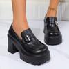 Fashion Gothic Black Chunky Heels Pumps Women Pu Leather Platform Loafers Woman Fashion Metal Buckle High Heels Dress Shoes Mary Janes