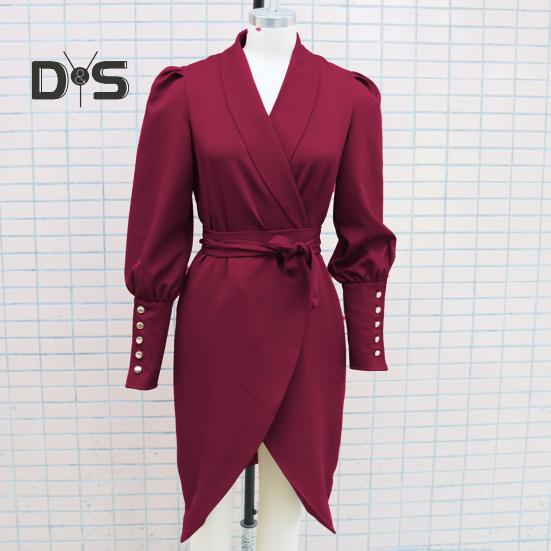 Women Formal Dress Business Style Turn-down Collar Long Sleeve Pure Color Slim Fit Lace-up Cross Cardigan Dress Spring Midi Dress OL Commuting Dress