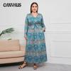 Spring and Autumn Women's Dress Plus Size Loose Women's V-Neck Long Dresses Vintage Temperament Printed Dresses