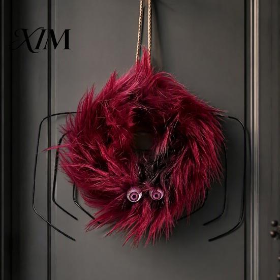 Fireplace Fall Seasonal Wreaths Halloween Fluffy Wreath for Front Door, Cute Furry Spider Hanging Indoor Window Decor with Pom Poms Party Home