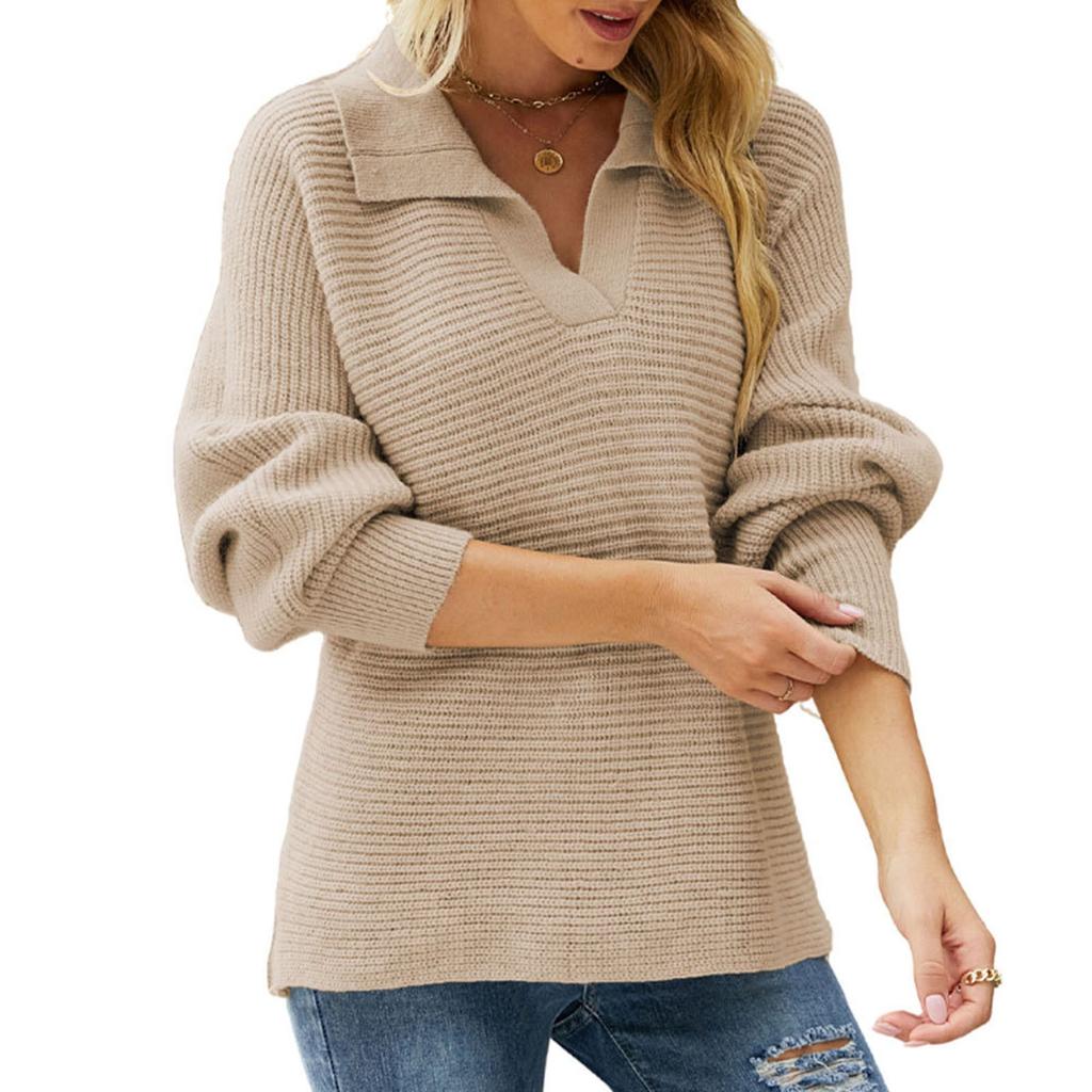 Women's Fashionable Round Neck Solid Color Knitted Sweater Pullover Sweater Long Sleeved Top