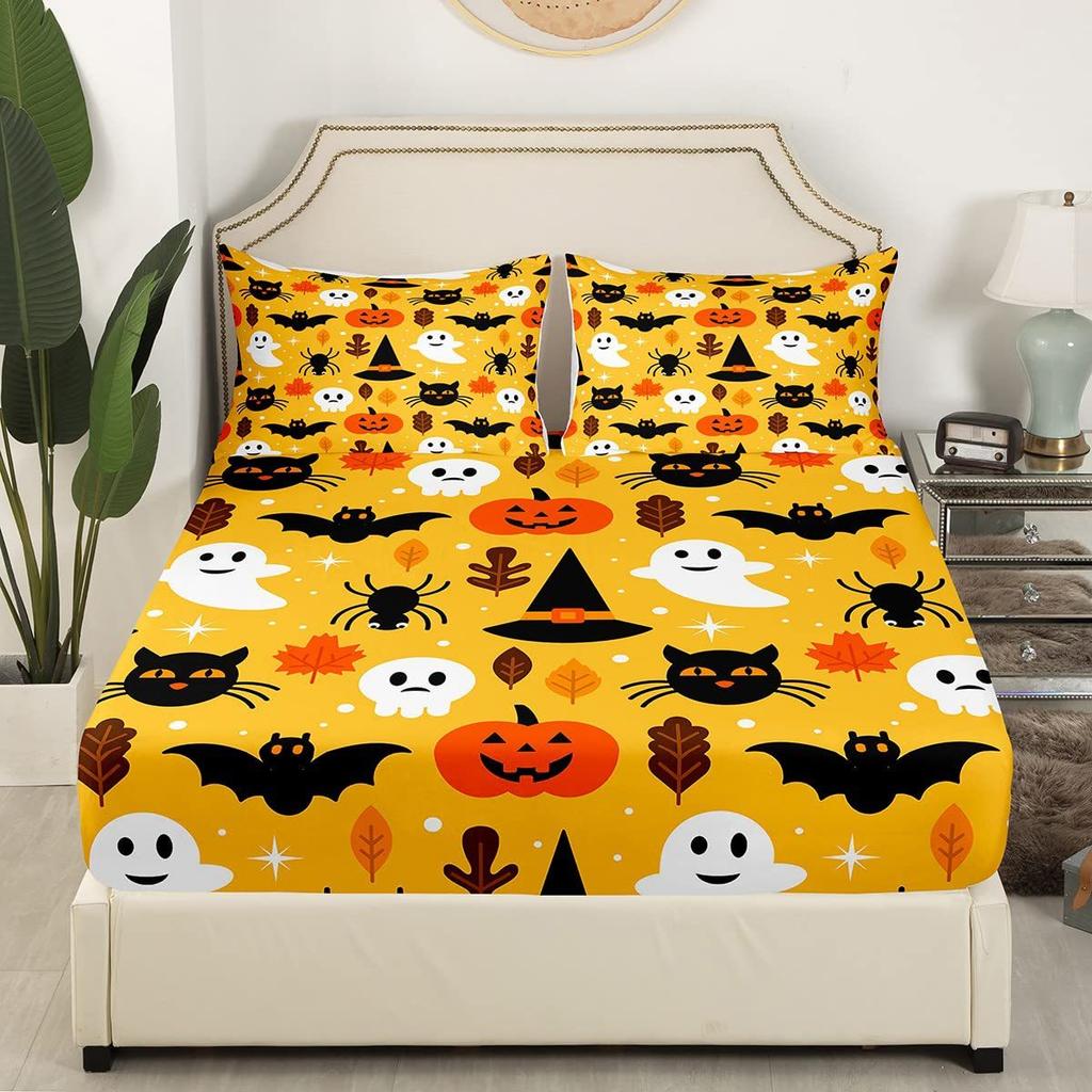 Halloween Pumpkin Ghost Bat Pattern Mattress Three-Piece Digital Printing Mattress Bedding Set