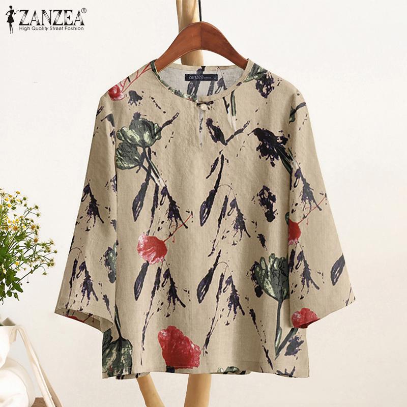 ZANZEA Women Casual Round Neck 3/4 Sleeve Loose Print Blouse