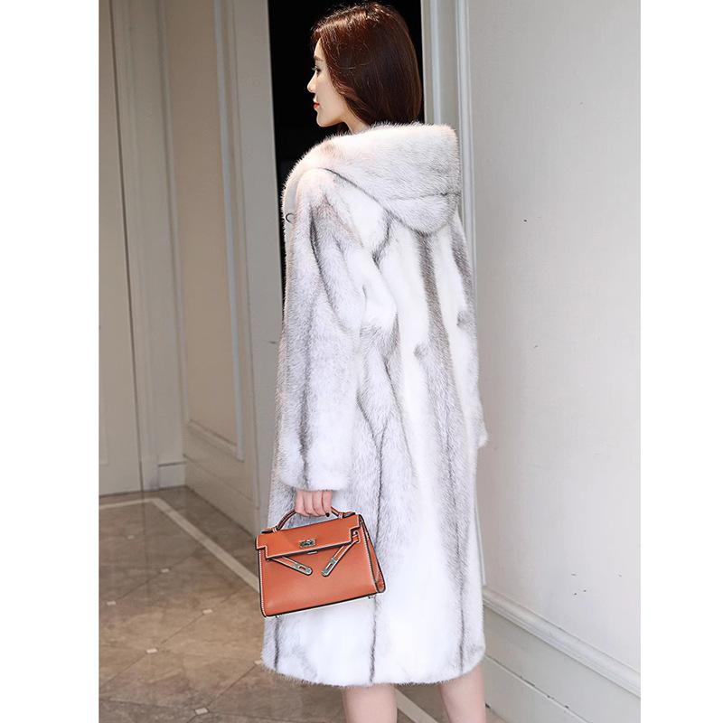 Women's Cross Mink Coat, Whole Mink Long Fur Coat, Winter New with Hooded Velvet To Keep Warm