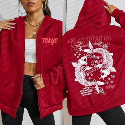 Япония Токио Харадзюку Худи с принтом карпов кои Женские Мягкие Спортивные Костюмы Уличные Толстовки на Молнии Осень Флис Повседневная Спортивная Одежда