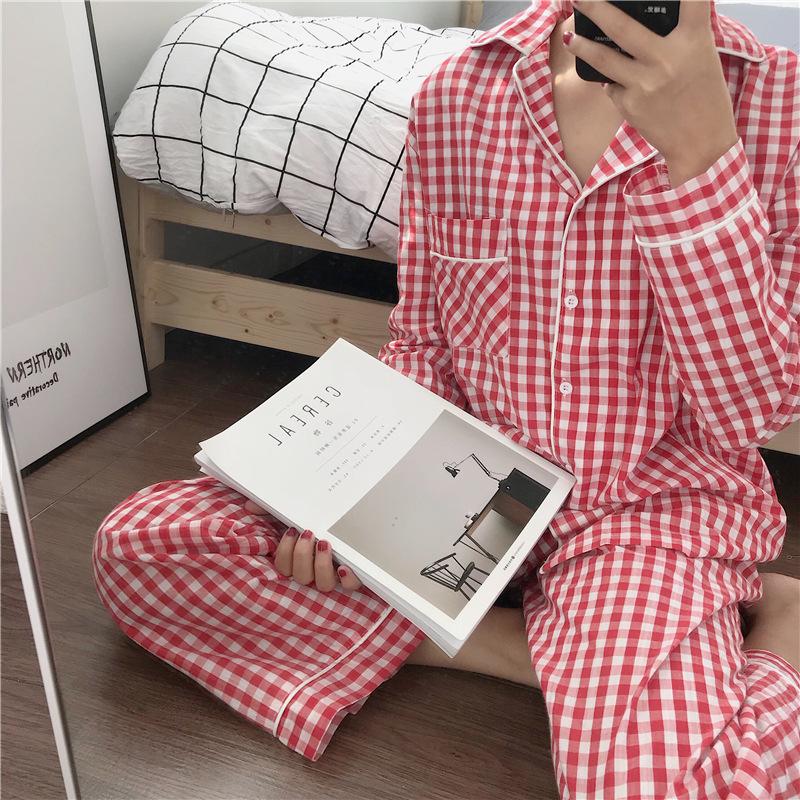 Пижама женская синяя клетчатая мода комплект из 2 предметов домашняя одежда женская повседневная Harajuku весенняя свободная пижама женская одежда