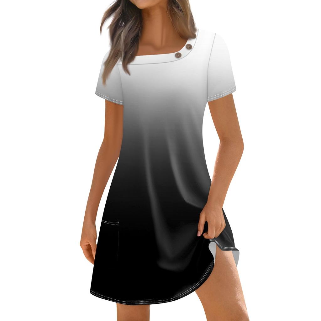 Женская мода, летние платья с квадратным вырезом и короткими рукавами, повседневные свободные платья с карманами и пуговицами, градиентные платья