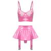 Womens Two Piece Patent Leather Lingerie Set Mesh Underwire Bra Ruffle Miniskirt Garter Belt Clubwear