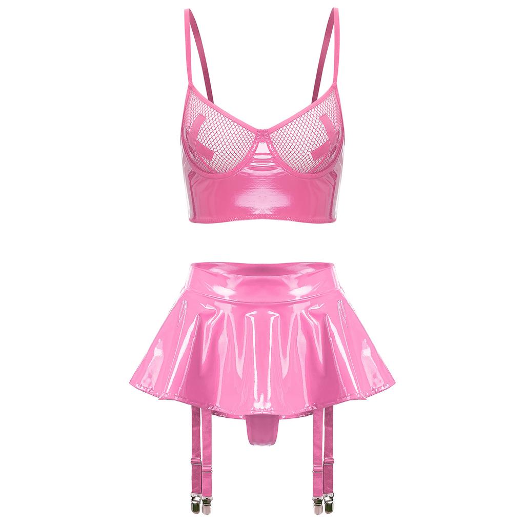 Womens Two Piece Patent Leather Lingerie Set Mesh Underwire Bra Ruffle Miniskirt Garter Belt Clubwear