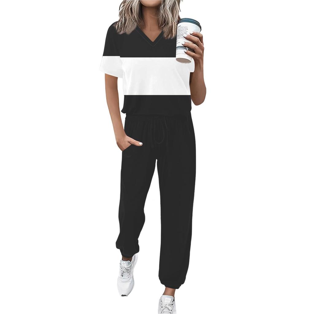Женский спортивный костюм с V-образным вырезом и коротким рукавом, свободные брюки