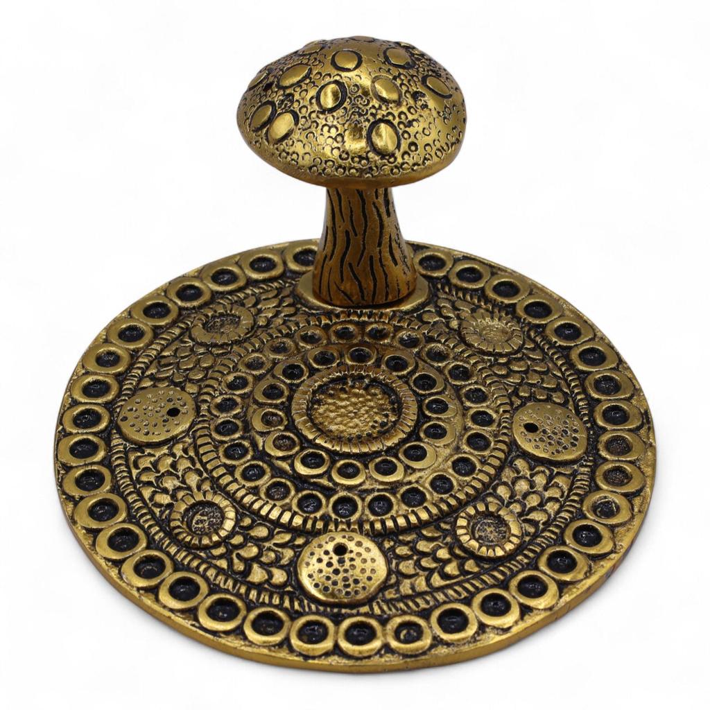 Antique Brass Mushroom Incense Holder Mandala Ring Tray