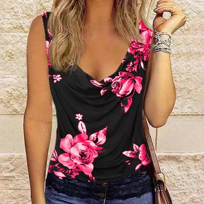 Летняя женская футболка без рукавов с цветочным принтом и ворсовым воротником