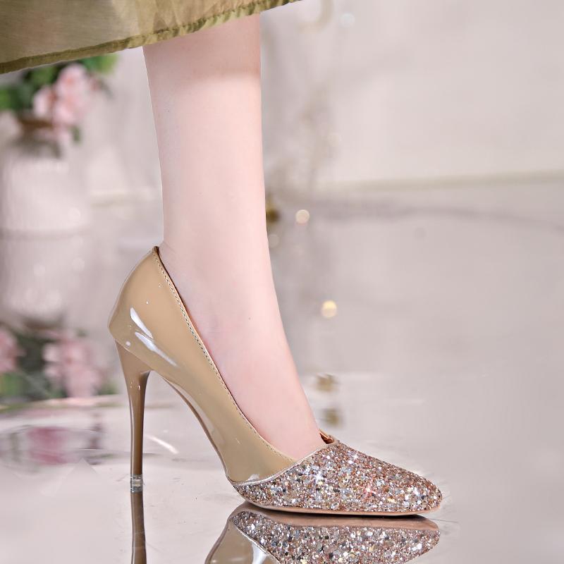 Мода 2024 года, новые осенние женские туфли, модные туфли-лодочки с острым носком и пайетками на шпильке из лакированной кожи, туфли на высоком каблуке для банкета и свадьбы