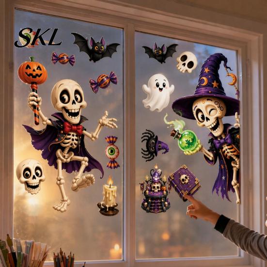 Halloween Window Stickers 2 Sheets Clings, Cartoon Skeleton Static Stickers, Funny Bat And Pumpkin Decals Ghosts Bats Pumpkins for Glass Doors Windows