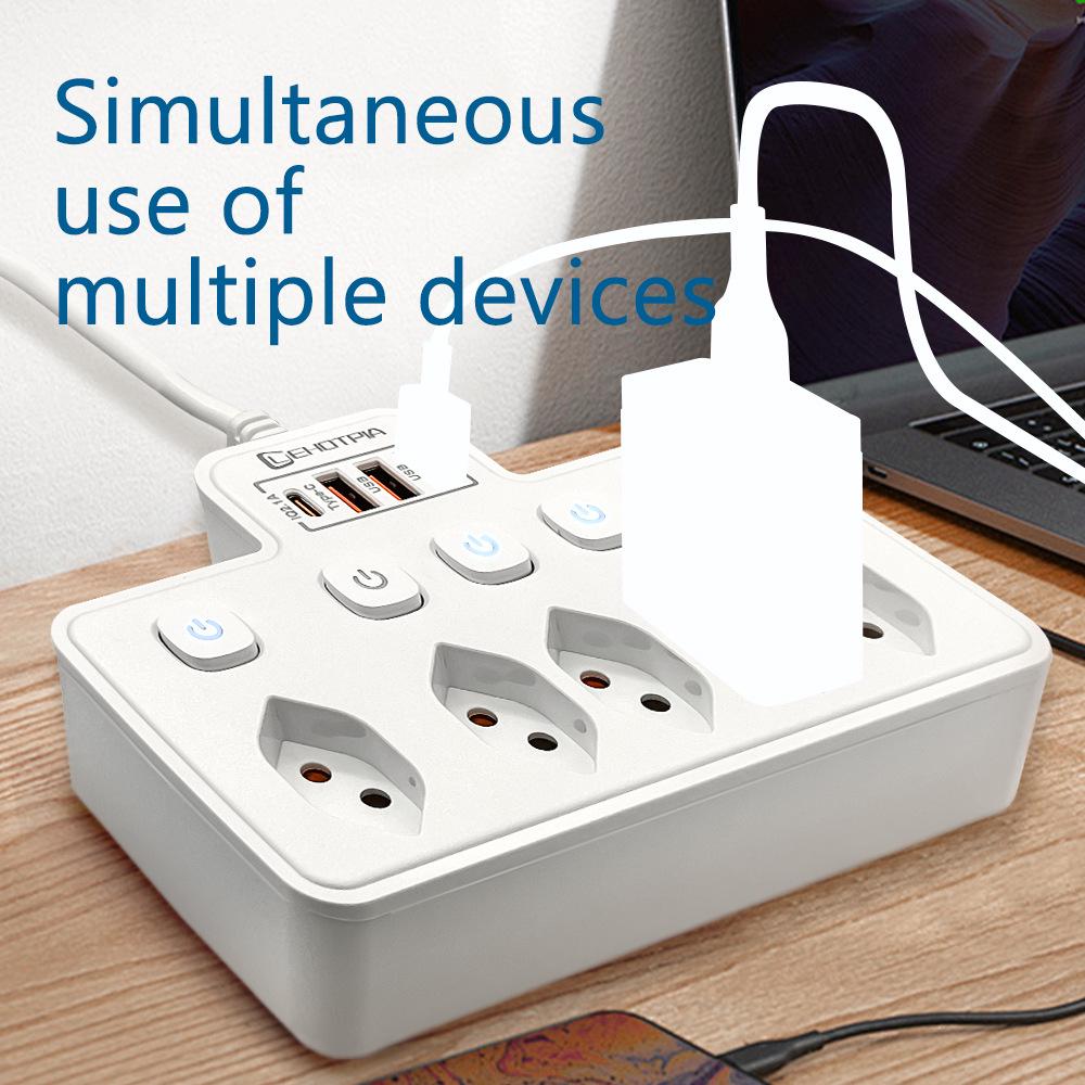 Brazilian Multi-hole Power Socket with USB, Long/Short Cord, Black/White