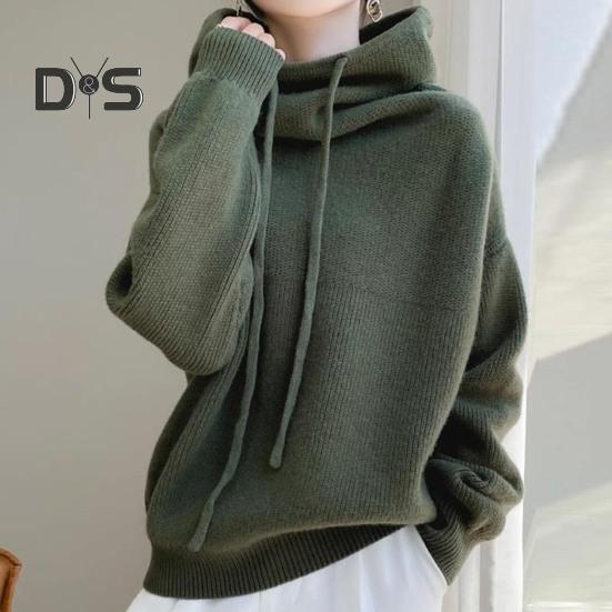 Женский свитер с ворсовым воротником, капюшоном и завязками, длинный рукав, трикотажные топы, однотонный повседневный свободный трикотаж