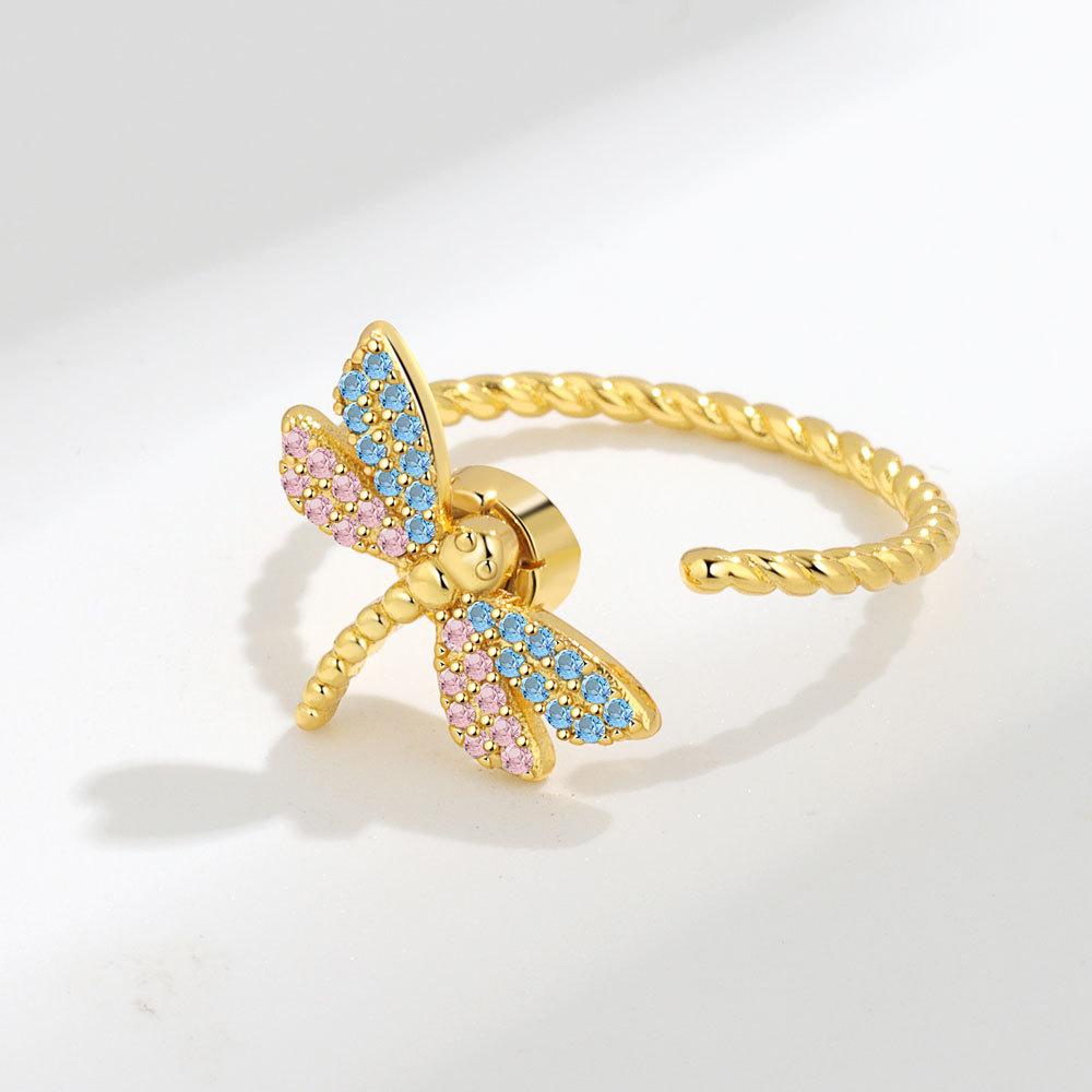 Colorful Zircon Dragonfly Open Ring For Women Adjustable Rotatable Finger Band Fashion Jewelry Gift