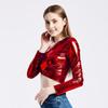 Women Club Top Short Waist-exposed Long Sleeve V Neck Smooth Glossy Faux Leather Pullover Slim Fit Soft Breathable Performance D