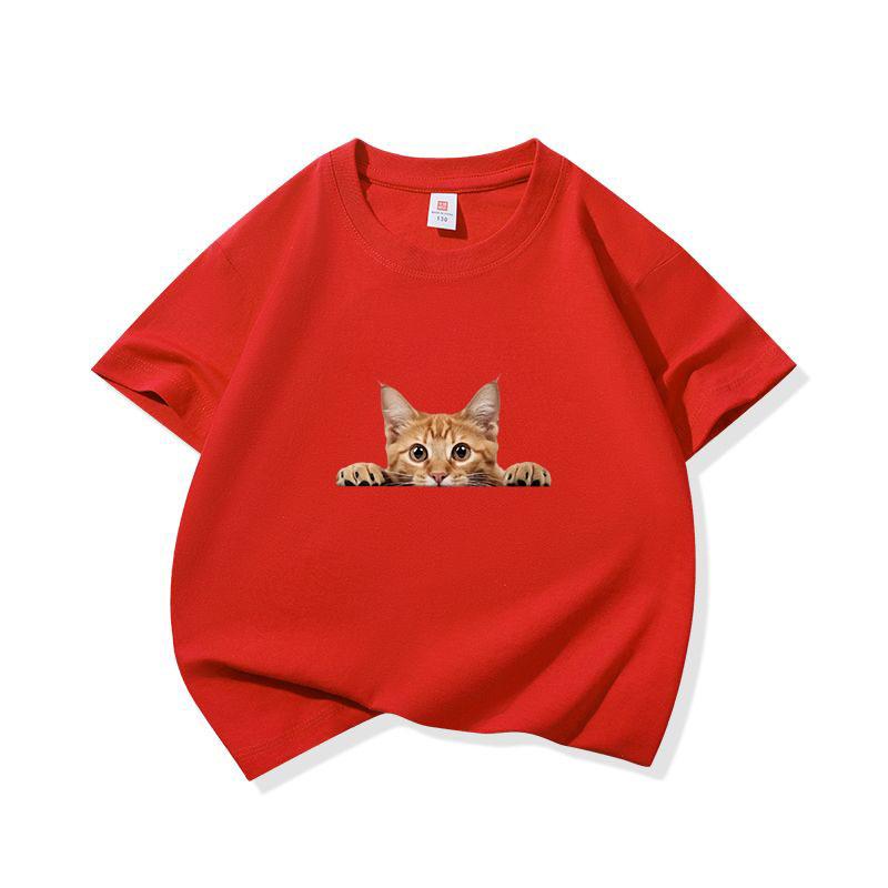 Kids Cotton T Shirt Playful Peeking Orange Tabby Cat Graphic Crew Neck Short Sleeve Tee Casual Breathable Boys Girls Summer Tops