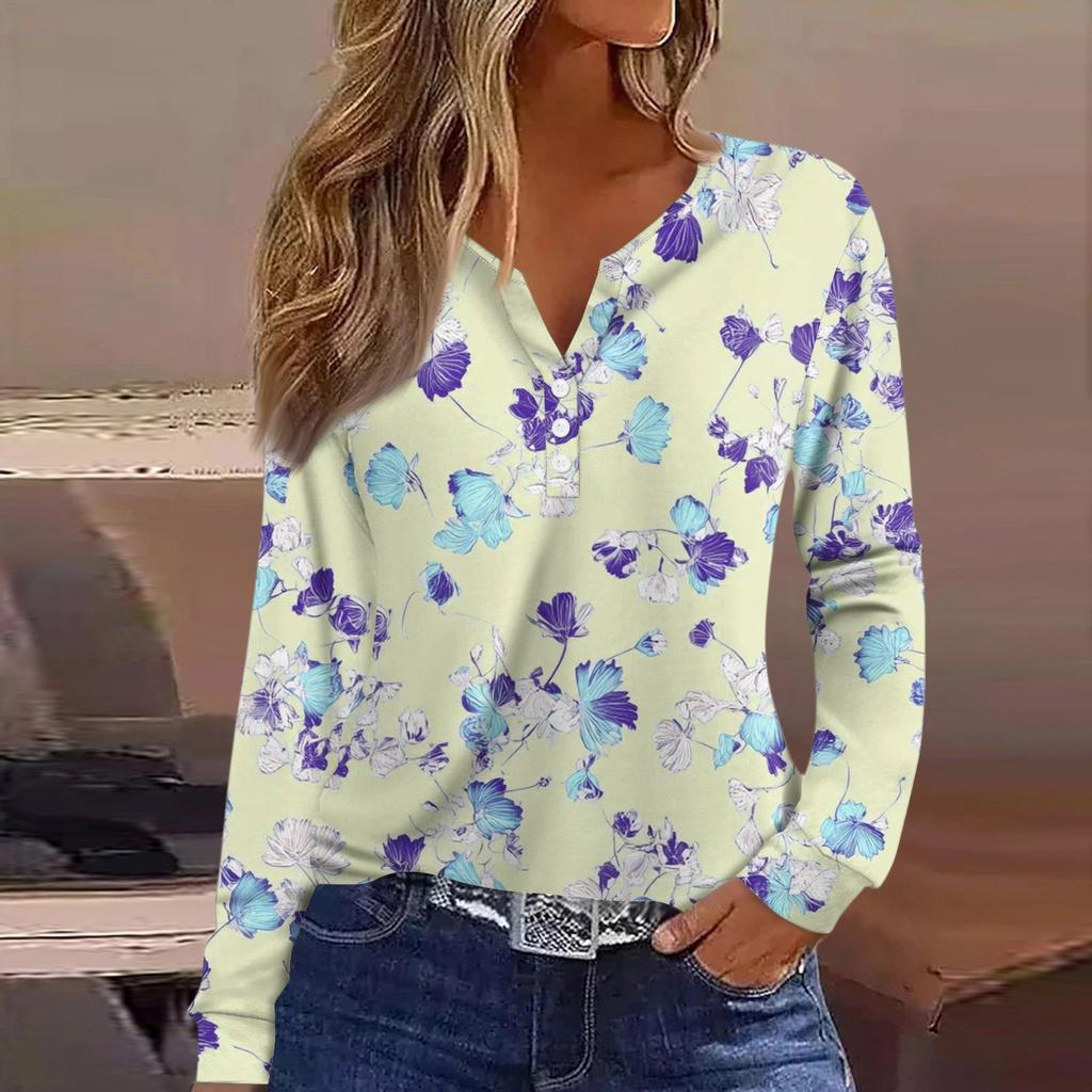 Women's T Shirt Tee Button Long Sleeve Daily Weekend Fashion Basic V- Neck Regular Top