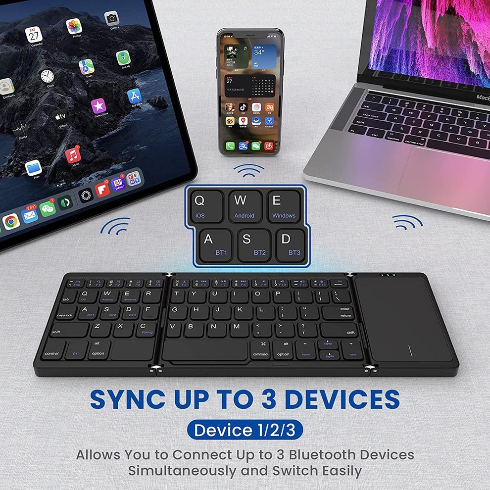 Multi Device Rechargeable Wireless Keyboard with Trackpad Foldable Bluetooth Keyboard with Touchpad for iPad Tablet