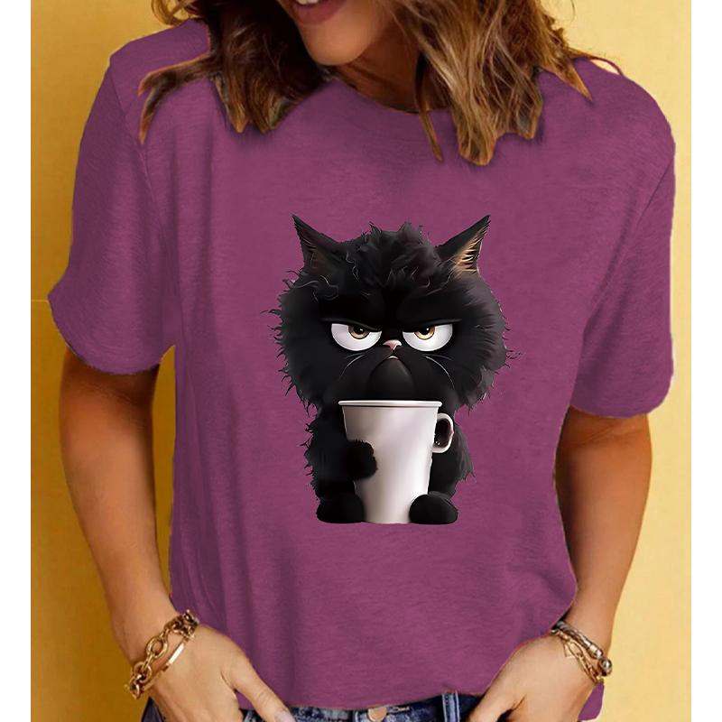 Модная женская футболка с милым принтом кота, забавная повседневная футболка с круглым вырезом и короткими рукавами, летняя женская футболка